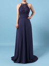 Lace Chiffon A-line Scoop Neck Sweep Train Bow Bridesmaid Dresses #DOB01013505