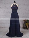 Lace Chiffon A-line Scoop Neck Sweep Train Bow Bridesmaid Dresses #DOB01013505