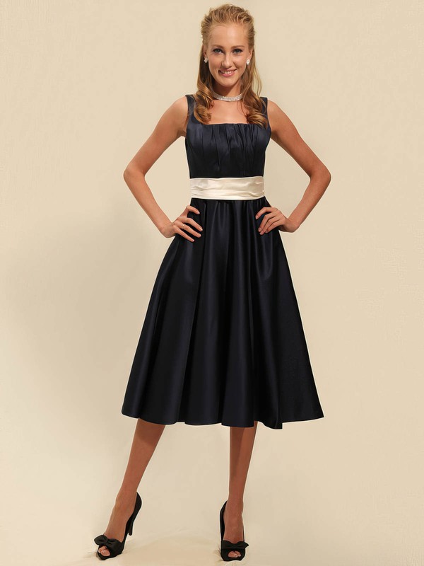Square A-line Tea-length Satin Sashes/Ribbons Bridesmaid Dresses #DOB02042135