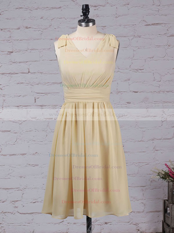 Chiffon A-line V-neck Knee-length Sashes / Ribbons Bridesmaid Dresses #DOB01013536