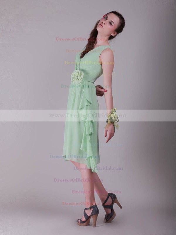 V-neck A-line Knee-length Chiffon Flower(s) Bridesmaid Dresses #DOB02042137