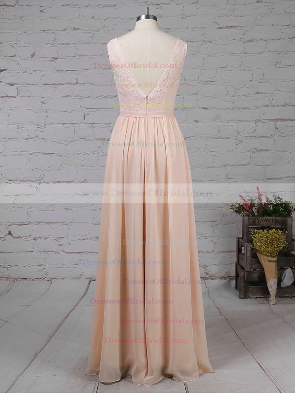 Lace Chiffon A-line V-neck Floor-length Sashes / Ribbons Bridesmaid Dresses #DOB01013574