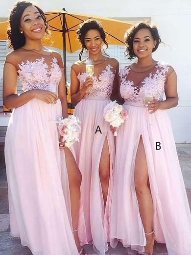 Chiffon Tulle A-line Scoop Neck Floor-length Appliques Lace Bridesmaid Dresses #DOB01013668