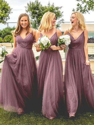 Tulle A-line V-neck Floor-length Ruffles Bridesmaid Dresses #DOB01013670
