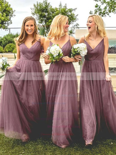 Tulle A-line V-neck Floor-length Ruffles Bridesmaid Dresses #DOB01013670