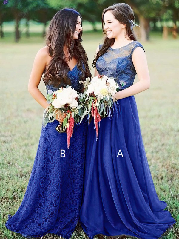 Tulle A-line Scoop Neck Sweep Train Lace Bridesmaid Dresses #DOB01013680