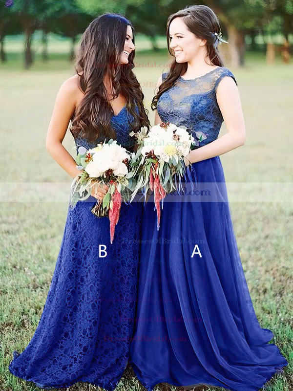 Tulle A-line Scoop Neck Sweep Train Lace Bridesmaid Dresses #DOB01013680