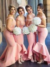 Silk-like Satin Trumpet/Mermaid Off-the-shoulder Asymmetrical Lace Bridesmaid Dresses #DOB01013683