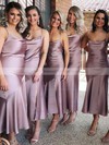 Silk-like Satin Sheath/Column Cowl Neck Tea-length Bridesmaid Dresses #DOB01013693