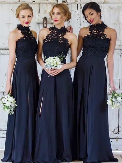 Lace Chiffon A-line High Neck Floor-length Split Front Bridesmaid Dresses #DOB01013694