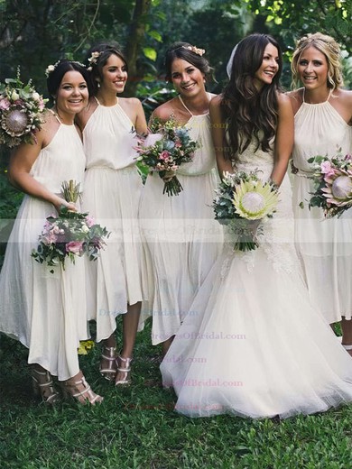 Chiffon A-line Halter Tea-length Bridesmaid Dresses #DOB01013711
