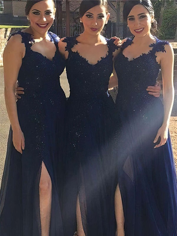 Chiffon A-line V-neck Floor-length Appliques Lace Bridesmaid Dresses #DOB01013719