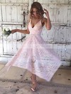 Lace A-line V-neck Tea-length Bridesmaid Dresses #DOB01013596