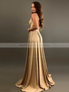 Silk-like Satin A-line V-neck Sweep Train Split Front Bridesmaid Dresses #DOB01013597