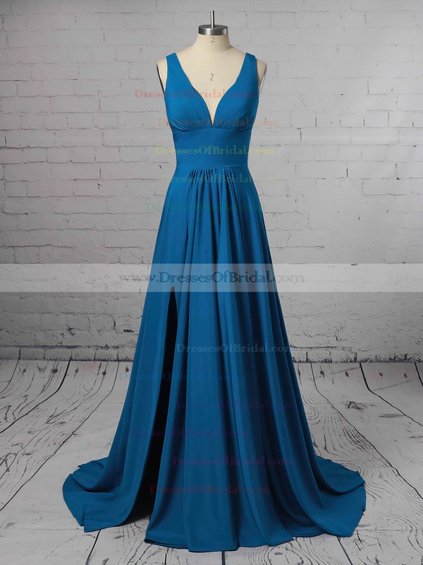 Silk-like Satin A-line V-neck Sweep Train Split Front Bridesmaid Dresses #DOB01013598