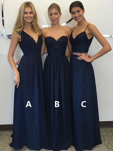 Chiffon A-line V-neck Floor-length Lace Bridesmaid Dresses #DOB01013601
