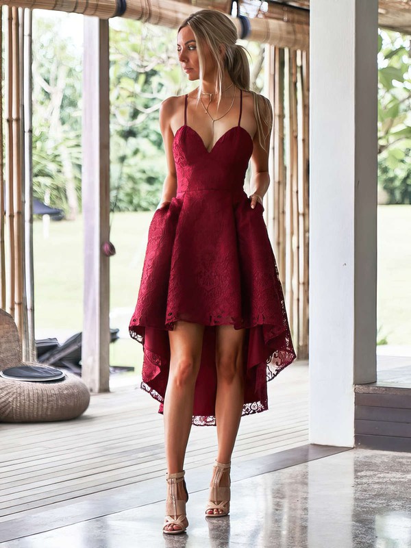 Lace A-line V-neck Asymmetrical Pockets Bridesmaid Dresses #DOB01013614