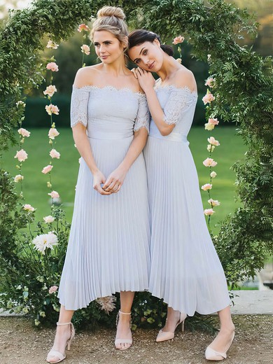 Lace Chiffon A-line Off-the-shoulder Ankle-length Sashes / Ribbons Bridesmaid Dresses #DOB01013619