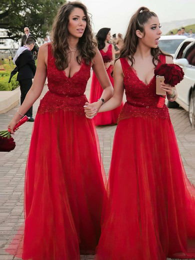 Tulle A-line V-neck Floor-length Lace Bridesmaid Dresses #DOB01013636