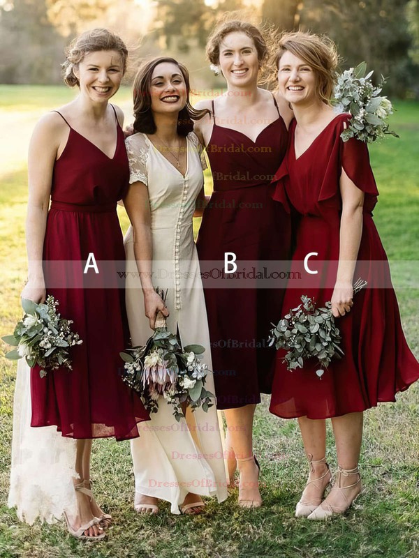 Chiffon A-line V-neck Tea-length Bridesmaid Dresses #DOB01013637