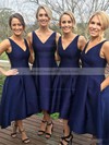 Satin Princess V-neck Tea-length Pockets Bridesmaid Dresses #DOB01013652