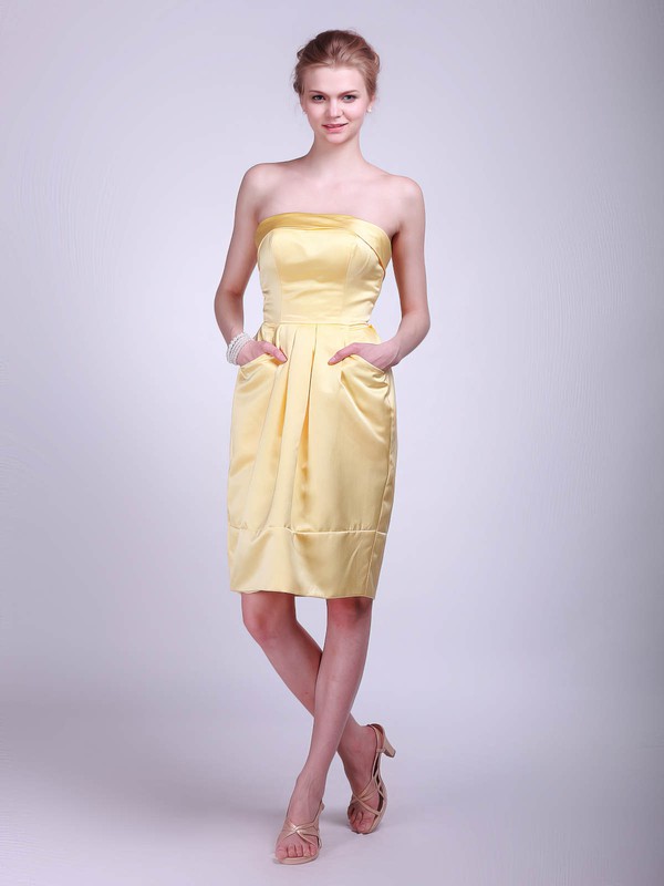 Strapless A-line Knee-length Satin Pockets Bridesmaid Dresses #DOB01012024