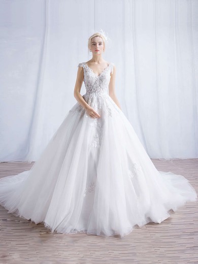 Tulle Ball Gown V-neck Chapel Train Appliques Lace Wedding Dresses #DOB00023324
