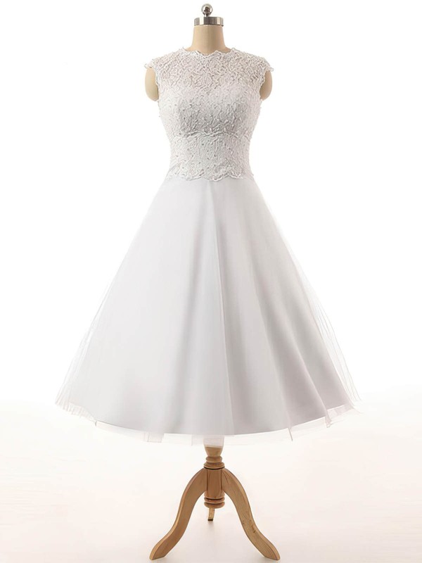 Tulle Princess Scoop Neck Tea-length Lace Wedding Dresses #DOB00023329