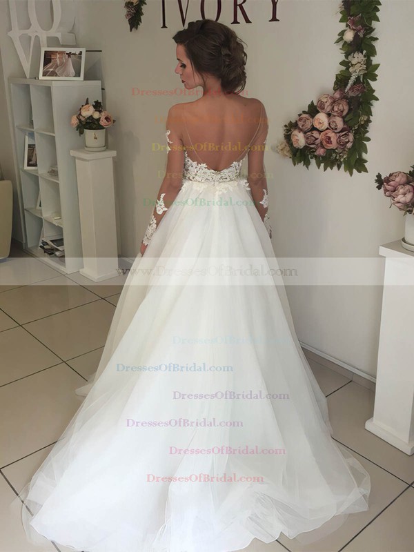 Tulle Ball Gown Scoop Neck Sweep Train Appliques Lace Wedding Dresses #DOB00023333