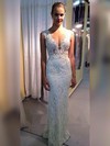 Lace Sheath/Column V-neck Floor-length Appliques Lace Wedding Dresses #DOB00023334