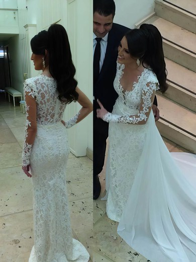 Lace Chiffon Tulle Sheath/Column V-neck Detachable Pearl Detailing Wedding Dresses #DOB00023340