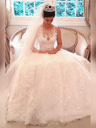 Lace Ball Gown Scoop Neck Court Train Appliques Lace Wedding Dresses #DOB00023341