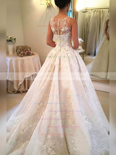 Lace Ball Gown Scoop Neck Court Train Appliques Lace Wedding Dresses #DOB00023341