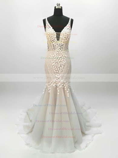 Tulle Trumpet/Mermaid V-neck Sweep Train Lace Wedding Dresses #DOB00023342