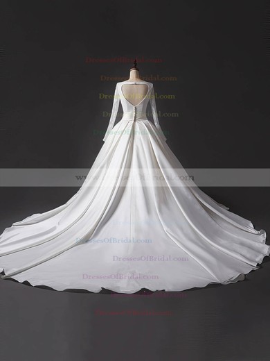 Lace Satin Ball Gown V-neck Chapel Train Sashes / Ribbons Wedding Dresses #DOB00023344