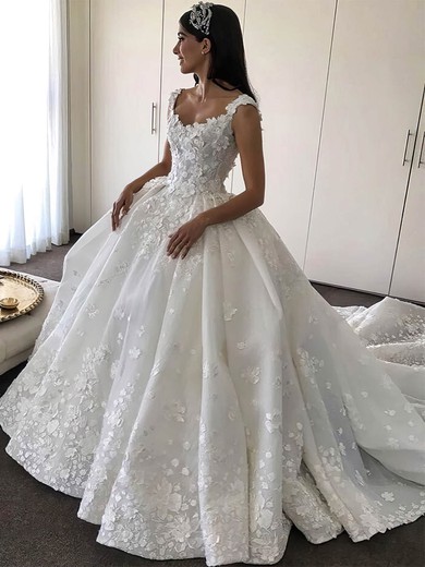 Satin Ball Gown V-neck Cathedral Train Flower(s) Wedding Dresses #DOB00023345