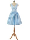 V-neck Light Sky Blue Satin Lace-up Pleats Short/Mini Bridesmaid Dresses #DOB010020101795
