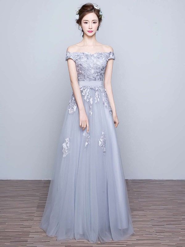 New A-line Gray Tulle Appliques Lace Off-the-shoulder Bridesmaid Dresses #DOB010020102047