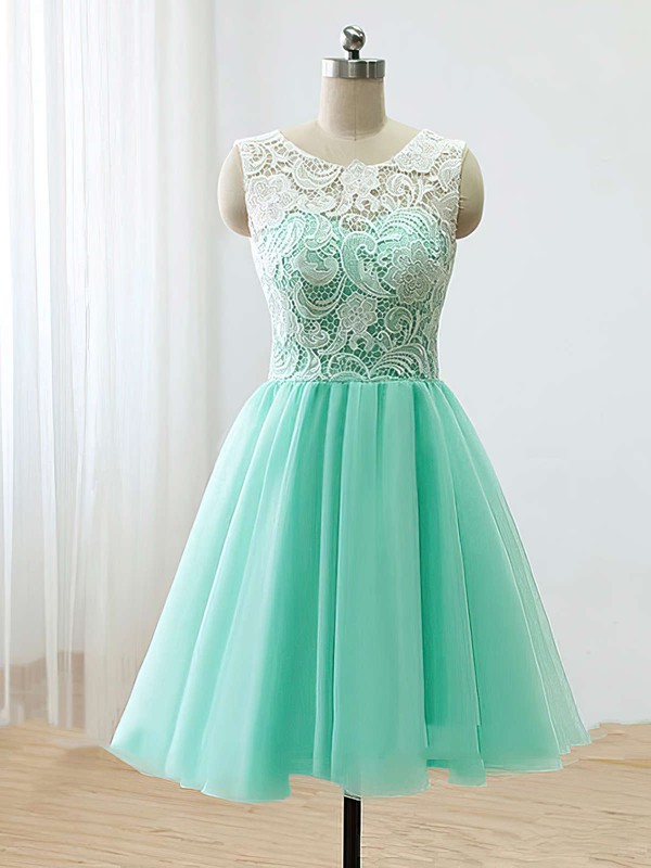 Scoop Neck Tulle with Lace Covered Buttons Short/Mini Bridesmaid Dresses #DOB010020102213