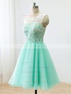 Scoop Neck Tulle with Lace Covered Buttons Short/Mini Bridesmaid Dresses #DOB010020102213