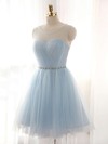 Pretty A-line Scoop Neck Tulle Short/Mini Beading Light Sky Blue Bridesmaid Dresses #DOB010020102518