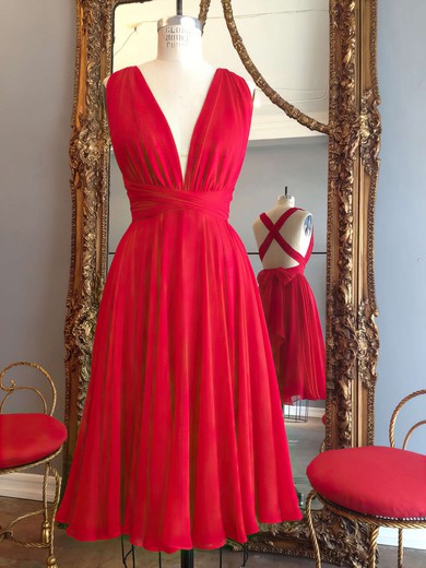 Hot A-line V-neck Chiffon Knee-length Ruffles Red Backless Bridesmaid Dresses #DOB010020102648