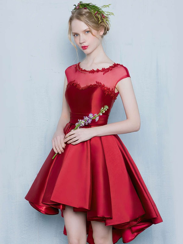 Prettiest Princess Scoop Neck Satin Tulle Asymmetrical Appliques Lace Cap Straps High Low Bridesmaid Dresses #DOB010020103133