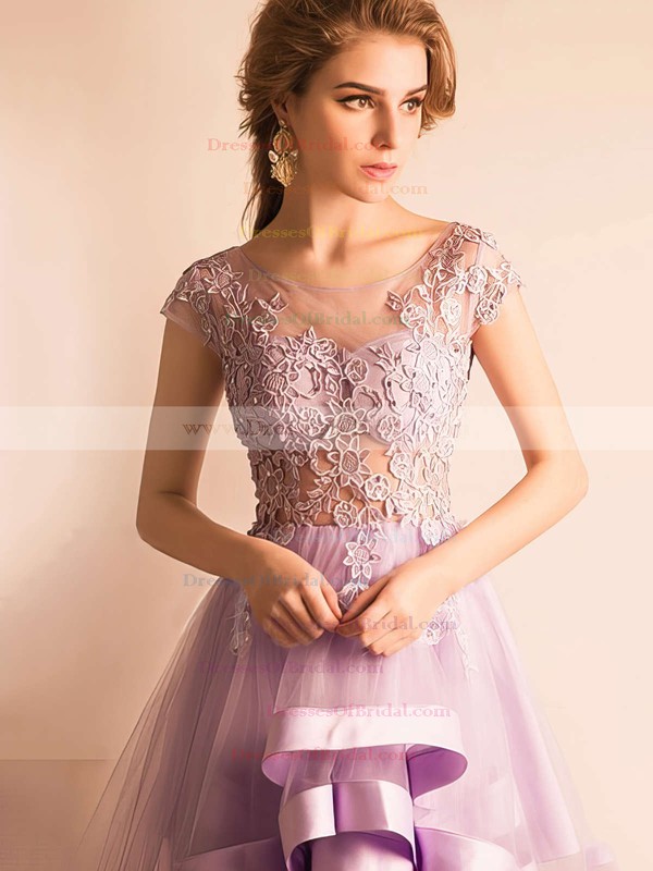 A-line Scoop Neck Tulle Asymmetrical Appliques Lace Cap Straps High Low Glamorous Bridesmaid Dresses #DOB010020103141