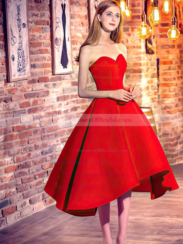 Classic Princess Sweetheart Satin Asymmetrical Ruffles Red High Low Bridesmaid Dresses #DOB010020103199