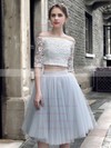 Girls Princess Off-the-shoulder Lace Tulle Knee-length Ruffles Two Piece 1/2 Sleeve Bridesmaid Dresses #DOB010020103308