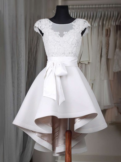 A-line Scoop Neck Satin Tulle Asymmetrical Appliques Lace Cap Straps High Low Original Bridesmaid Dresses #DOB010020103433