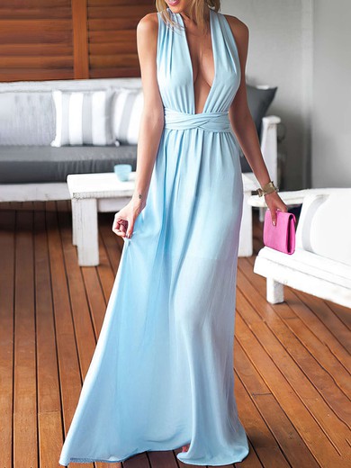 Sheath/Column V-neck Chiffon Floor-length Ruffles Blue Backless Sexy Bridesmaid Dresses #DOB010020103552