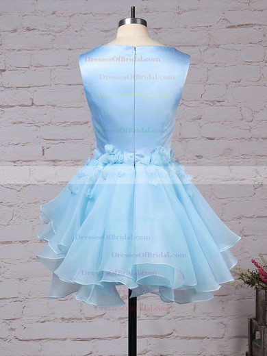 A-line Scoop Neck Satin Tulle Short/Mini Flower(s) Original Bridesmaid Dresses #DOB010020103777