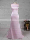 Sheath/Column Scoop Neck Silk-like Satin Sweep Train with Ruffles Bridesmaid Dresses #DOB010020104408
